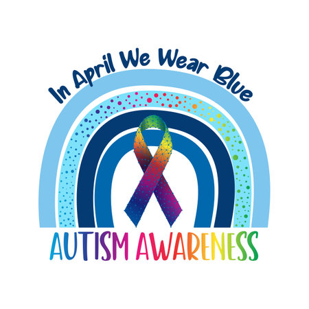 Autism awareness vector illustration. Blue rainbow, awareness ribbon and text In April we wear blueのイラスト素材