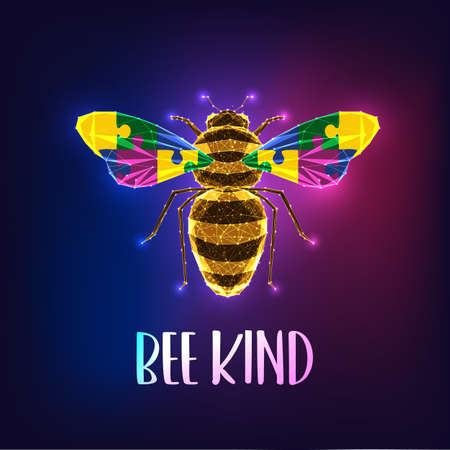 Autism awareness vector illustration. Glowing honey bee with colorful puzzle pieces and text Bee Kindのイラスト素材