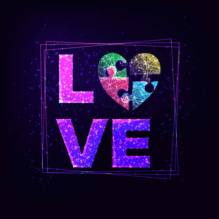 Autism awareness vector illustration. Word Love with heart made of 4 glowing colorful puzzle piecesのイラスト素材