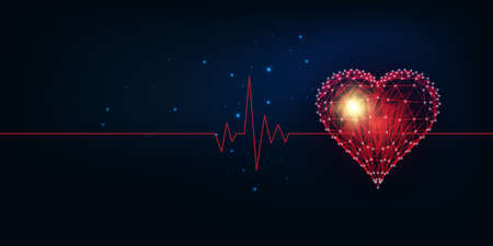 Futuristic cardiogram banner concept with glowing low polygonal red heart symbol and place for textのイラスト素材