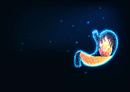 Futuristic acid reflux, pyrosis or heartburn concept with glowing low polygonal stomach and fireのイラスト素材
