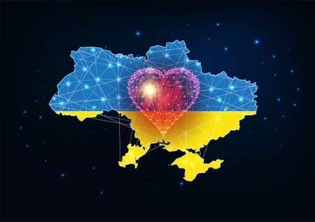 Abstract Ukraine map in blue and yellow Ukrainian flag colors and red glowing heart isolated on dark blueのイラスト素材