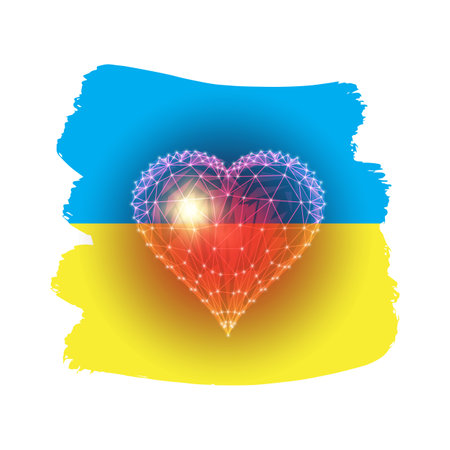 Abstract blue and yellow Ukrainian flag with red glowing heart isolated on white background.のイラスト素材