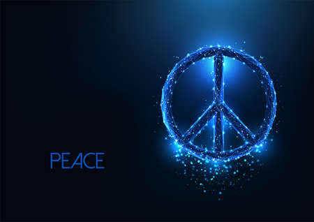 Futuristic glowing low polygonal Peace sign web banner on dark blue backgroundのイラスト素材