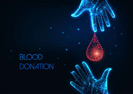 Futuristic blood donation concept with glowing low poly donor and recipient hands and blood dropのイラスト素材