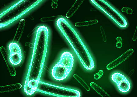 Futuristic glowing low polygonal bacteria background on dark green. Microbiology web banner.のイラスト素材