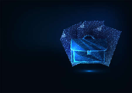 Futuristic portfolio, business contract concept with glowing briefcase and paper documentsのイラスト素材
