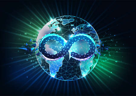 Futuristic circular economy concept banner with glowing low polygonal infinity loop and globe map