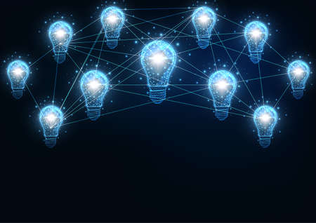 Futuristic network, idea, light bulb connection concept banner with glowing connected lightbulbs