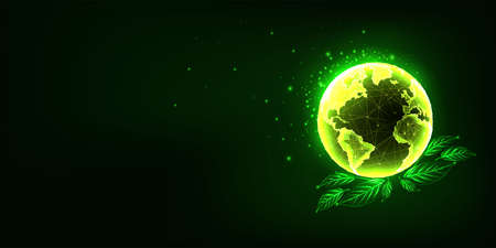 Concept of environmental technology with glowing green planet Earth globe and leavesのイラスト素材