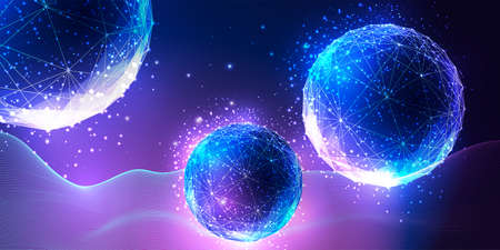 Concept of metaverse world experience, virtual reality landscape with abstract futuristic spheresのイラスト素材