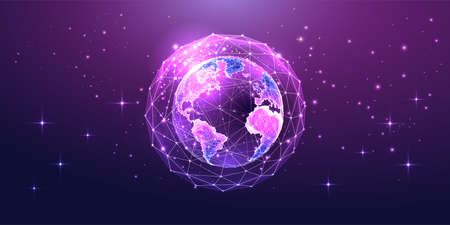Concept of web 3.0, metaverse with purple holographic globe from space, global connectionのイラスト素材