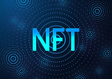 Concept of NFT nonfungible tokens in futuristic style on dark blue backgound.のイラスト素材