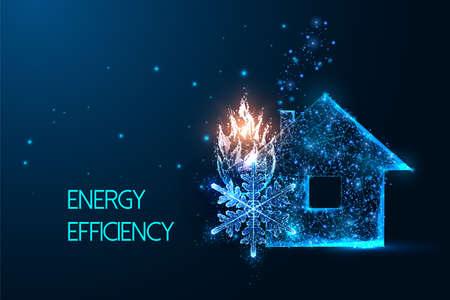 Concept of energy efficiency with house symbol, fire and snowflake on dark blue background.のイラスト素材