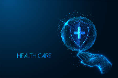 Concept of medical protection, healthcare insurance in futuristic glowing style with hand and shieldのイラスト素材