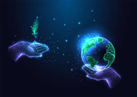 Concept of corporate social responsibility, sustainable life choices with hands, plant, planet Earthのイラスト素材