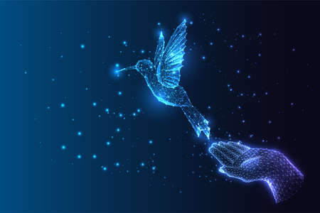 Futuristic concept of dream, hope, freedom, inspiration with hand and flying bird hummingbirdのイラスト素材