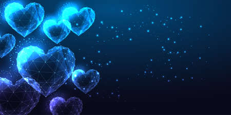 Futuristic glowing low polygonal heart shapes banner template on dark blue backgound.のイラスト素材