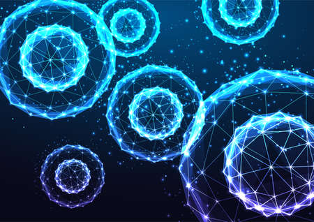 Human cells under microscope on dark blue backgound in futuristic glowing low polygonal styleのイラスト素材