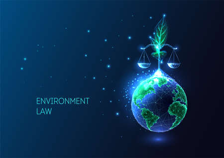 Environmental law concept with planet Earth, plant seedling and scales in futuristic style on blueのイラスト素材