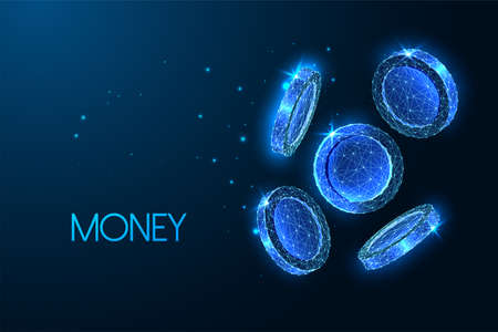 Money, finance concept with falling shiny coins in futuristic glowing low polygonal style on blueのイラスト素材