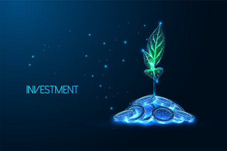 Concept of investment, money savings with plant growing from coins in futuristic glowing styleのイラスト素材