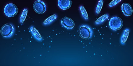 Money, coins, finances abstract banner of in futuristic glowing style on dark blue background.のイラスト素材