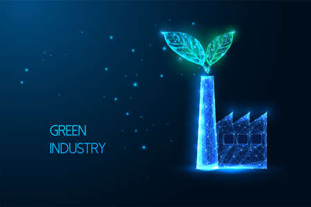Green industry concept with factory and leaves in futuristic glowing low polygonal style on blueのイラスト素材