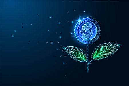 Futuristic investment, income growth concept with glowing blue plant with shiny coin as a flowerのイラスト素材