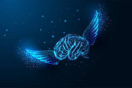 Imagination, creative idea concept with flying brain and wings in futuristic glowing style on blueのイラスト素材