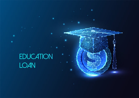 Concept of education loan with graduation cap and dollar coin symbols in futuristic style on blueのイラスト素材