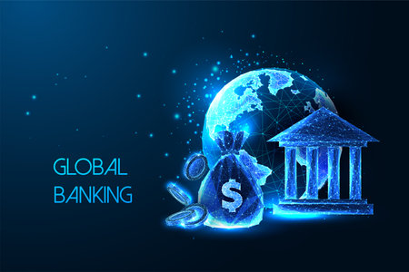 Concept of global banking system with planet Earth, money bag, coins and bank building on dark blueのイラスト素材