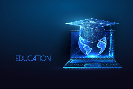 Concept of global online education with laptop, planet Earth and graduation cap in futuristic styleのイラスト素材