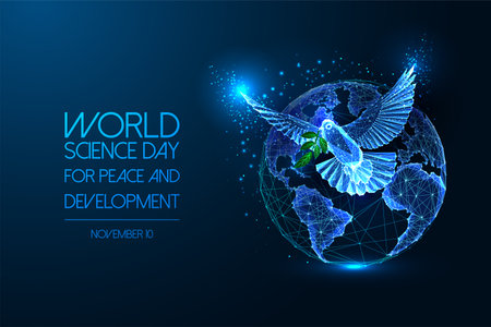 World science day for peace and development banner concept with planet Earth and Dove on dark blueのイラスト素材