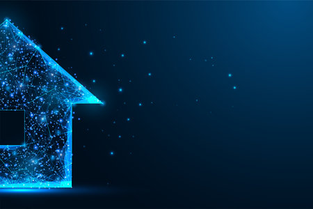 Futuristic house, home concept banner in glowing low polygonal style on dark blue background.のイラスト素材