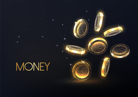 Glowing falling gold coins isolated on black background. Money, finances, income concept.のイラスト素材