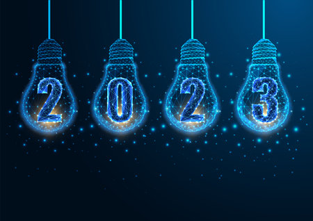 Futuristic Happy 2023 New Year hi tech banner with illuminated low polygonal lightbulbs and digitsのイラスト素材