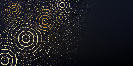 Gold ripples affect abstract concept banner on black background. Golden circles, water ringsのイラスト素材