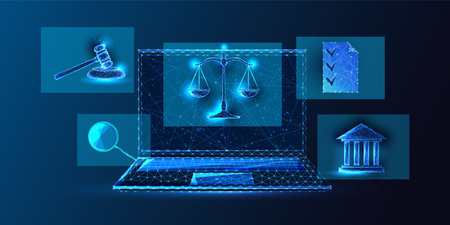 Concept of online legal advice, attorney service in futuristic glowing polygonal style on dark blueのイラスト素材