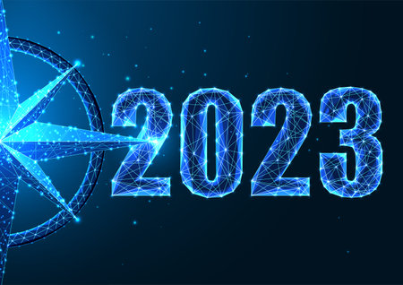 Abstract 2023 business vision, goals concept web banner in futuristic polygonal style on dark blueのイラスト素材