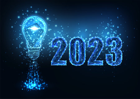 Abstract 2023 vision, startup concept banner in futuristic glowing polygonal style on dark blue...