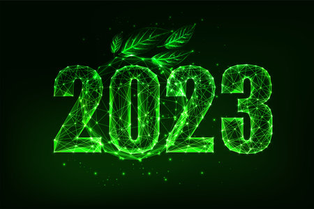 Sustianable future 2023 New Year web banner with green digits and leaves. ESG 2023 plan.のイラスト素材