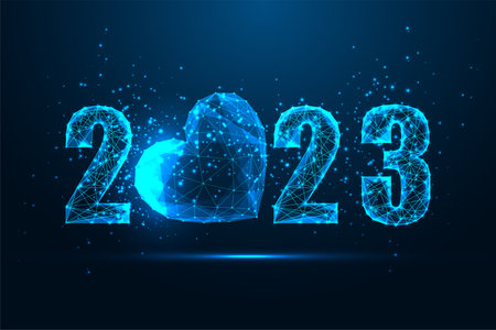 Abstract futuristic 2023 Happy New Year digital web banner with festive glowing heart on dark blue