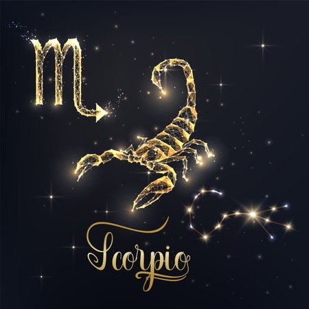 Gold Scorpio zodiac sign poster with scorpion zodiac figure, symbol glyphs, constellation and nameのイラスト素材