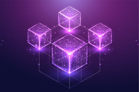 Futuristic metaverse and blockchain technology network concept with connected digital cubes blocksのイラスト素材