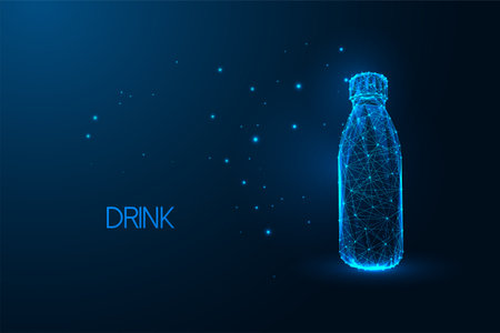 Futuristic water bottle. Glowing polygonal style on blue background. Hydration, energy drink conceptのイラスト素材