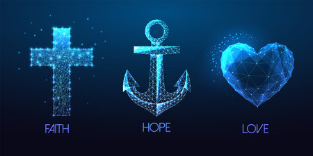 Faith Hope Love Christian religious concept with cross, anchor and heart symbols on blue backgroundのイラスト素材