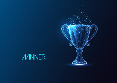 Futuristic champion trophy cup in glowing low polygonal style isolated on dark blue backgroundのイラスト素材