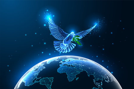World peace concept with flying dove and planet Earth map from space in futuristic glowing styleのイラスト素材