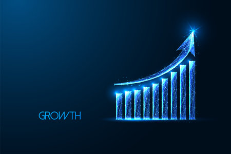 Futuristic economy growth chart in glowing low polygonal style isolated on dark blue backgroundのイラスト素材